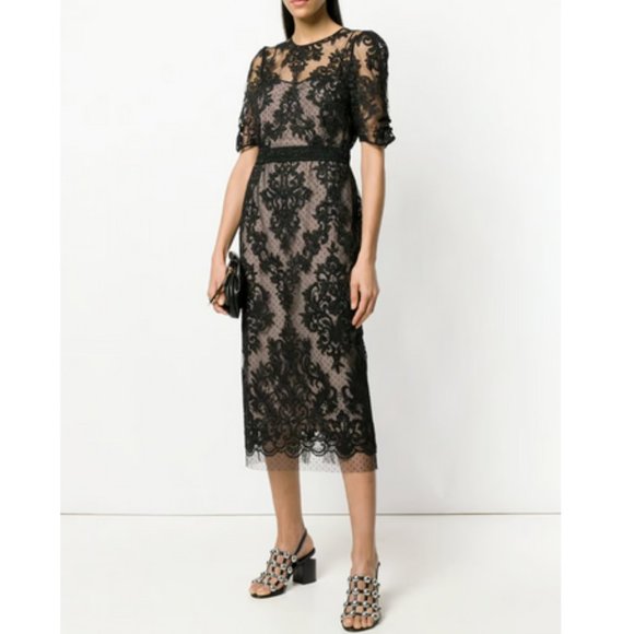 $1160 21 Black Lace Overlay Open Back Mesh Midi Dress size 6/42